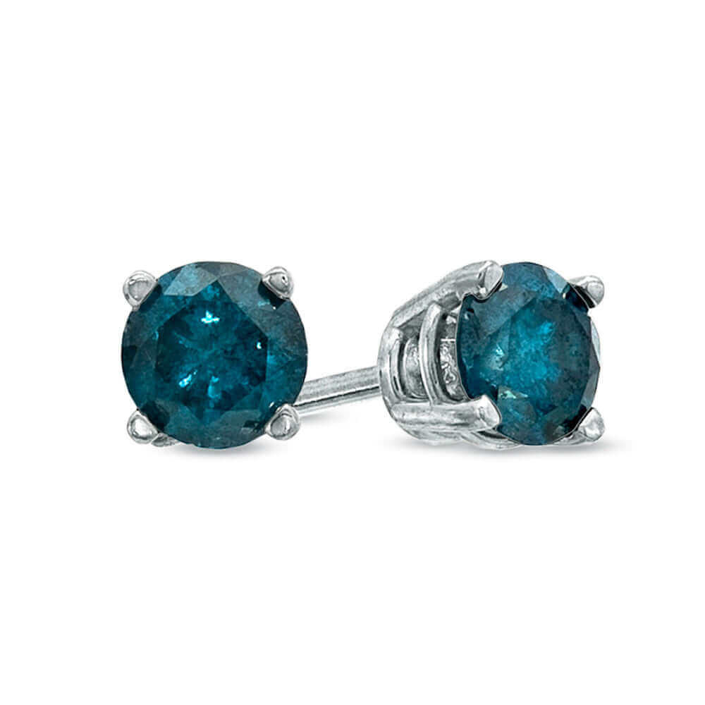 Blue - Round Brilliant Cut Diamond Earring Studs in 14K Gold (1/10ct to 1ct)