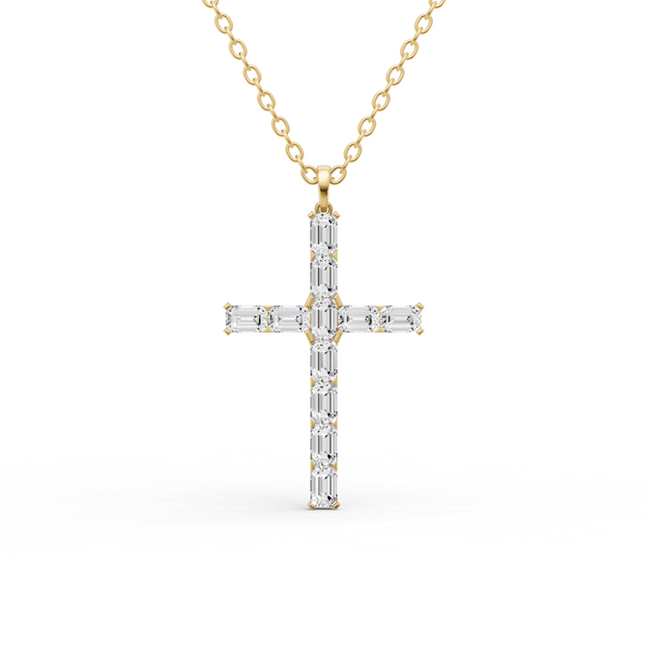 Emerald Cut Lab Grown Diamond Cross Pendant Prong Setting