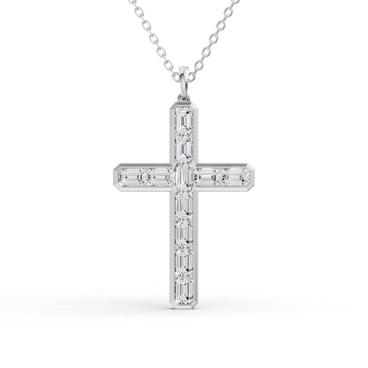 Emerald Cut Lab Grown Diamond Cross Pendant Bezel Setting