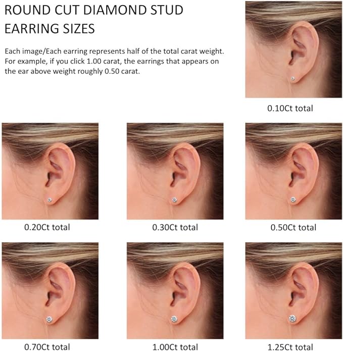 Round Diamond Stud Earrings  - A Quality, Secure ScrewBack, 14K Gold, Various Sizes (0.04 ct - 2.00 ct) 