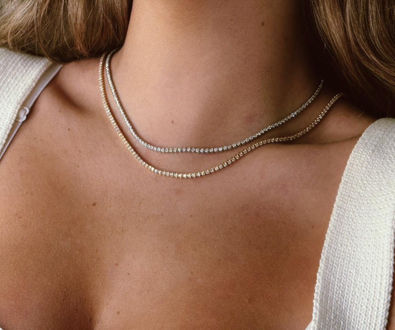 White gold diamond tennis necklace. Women’s diamond necklace in 14k white gold. 14k white gold diamond necklace