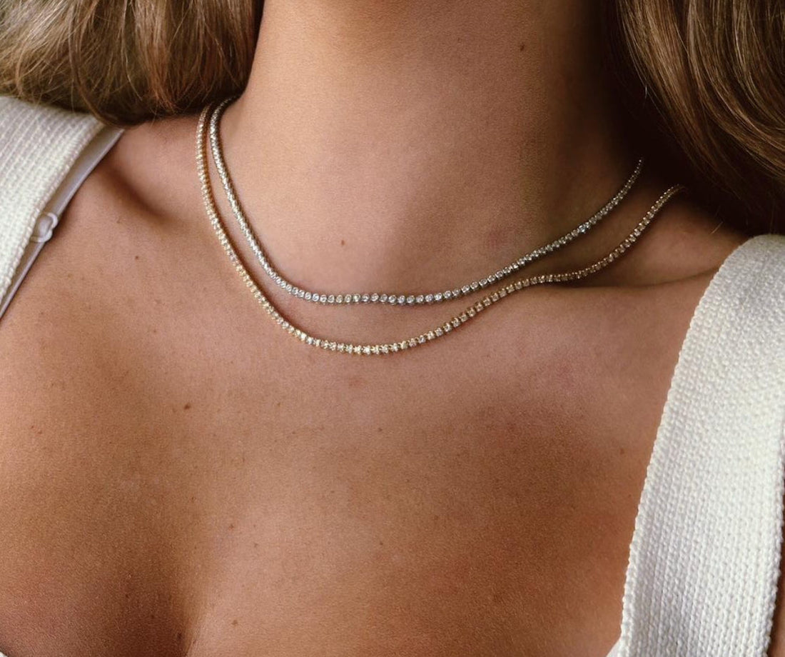 White gold diamond tennis necklace. Women’s diamond necklace in 14k white gold. 14k white gold diamond necklace
