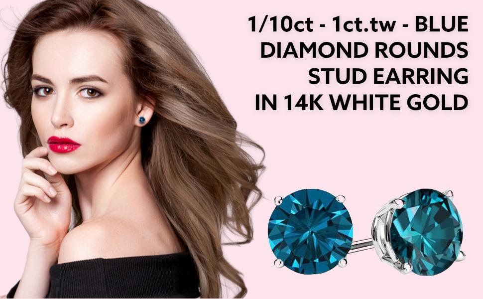 Blue - Round Brilliant Cut Diamond Earring Studs in 14K Gold (1/10ct to 1ct)